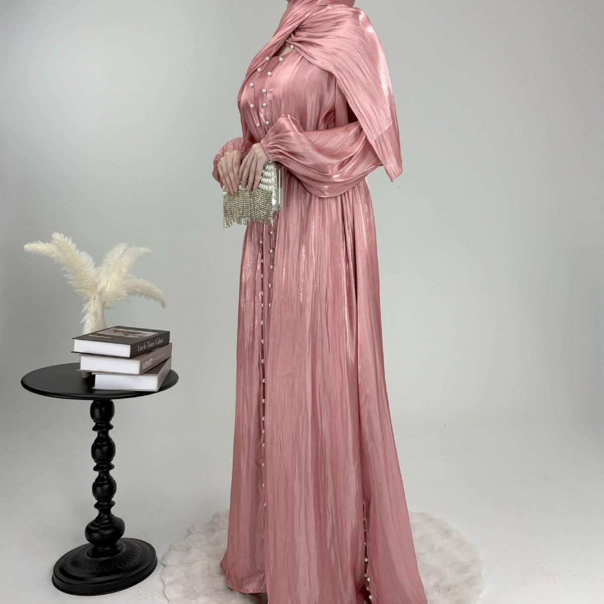 Luxury Five Piece Pearl Open Abaya Set - Norah Collections Pink Modest Elegant Abaya for Women