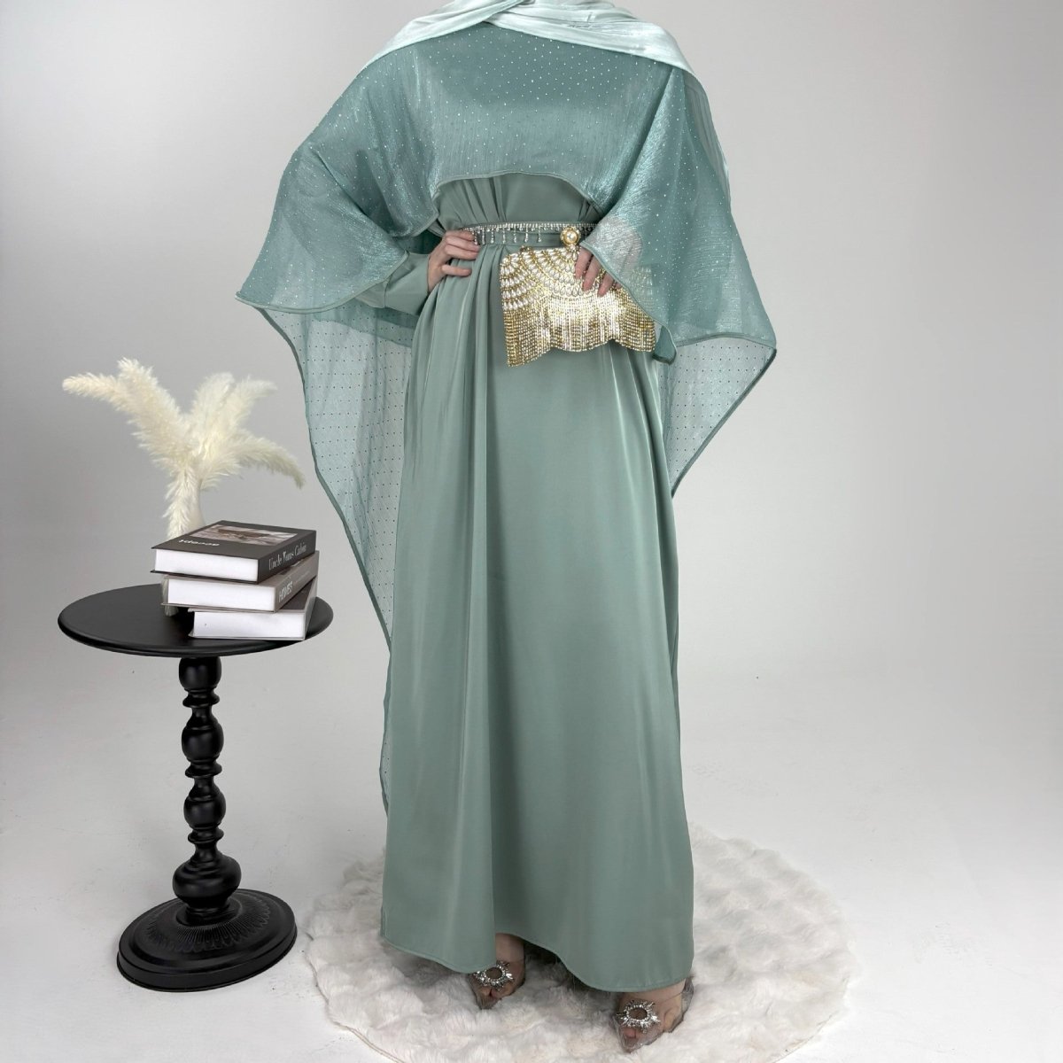 Luxury Shimmering Three Piece Abaya Set - Norah Collections Navy Modest Elegant Abaya for Women