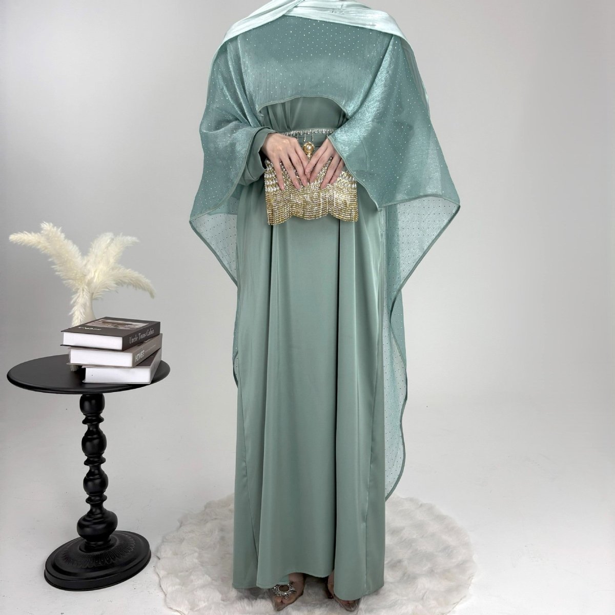 Luxury Shimmering Three Piece Abaya Set - Norah Collections Navy Modest Elegant Abaya for Women