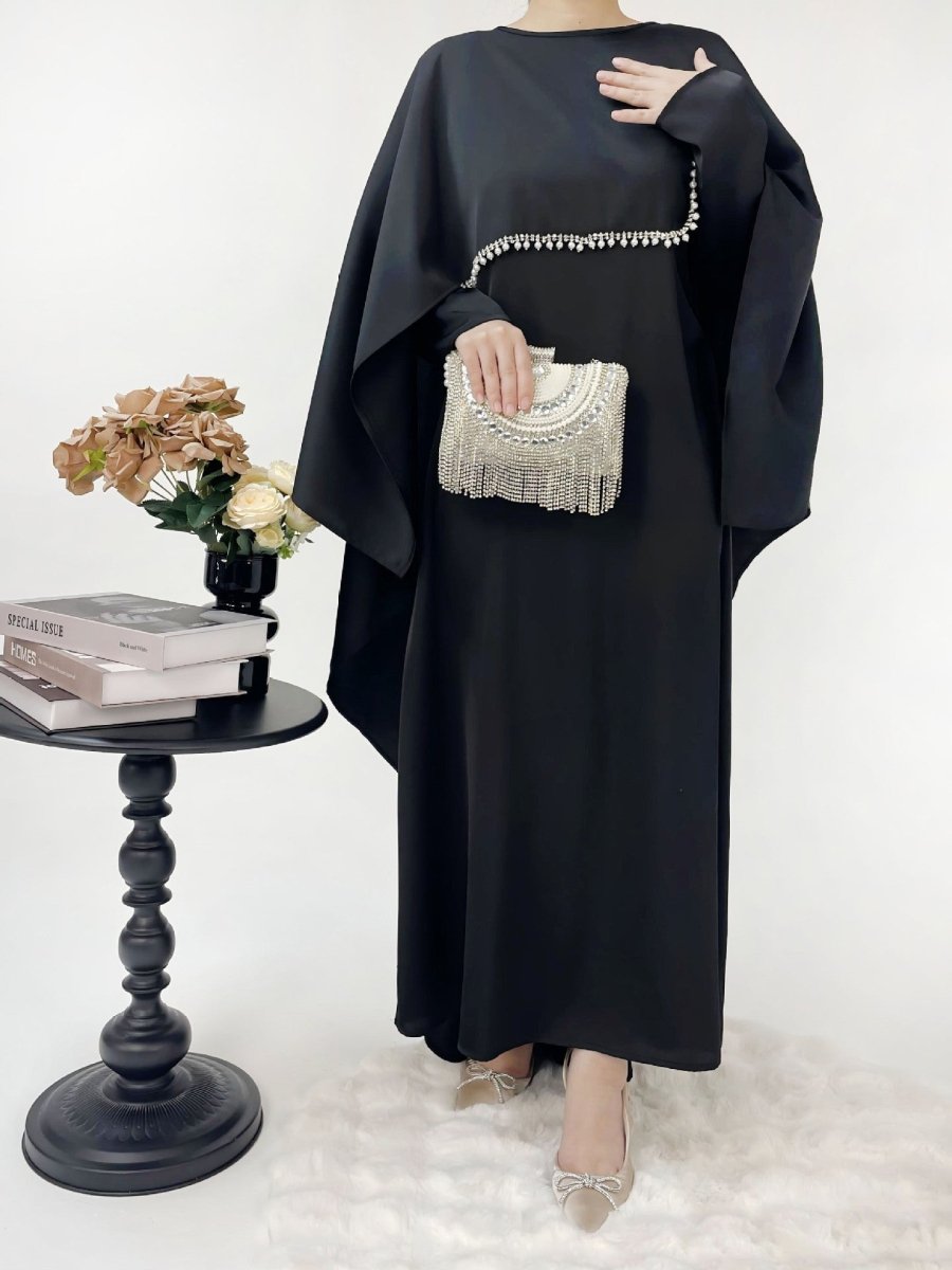 Luxury Satin Pearl Butterfly Abaya Set - Norah Collections Black Modest Elegant Abaya for Women