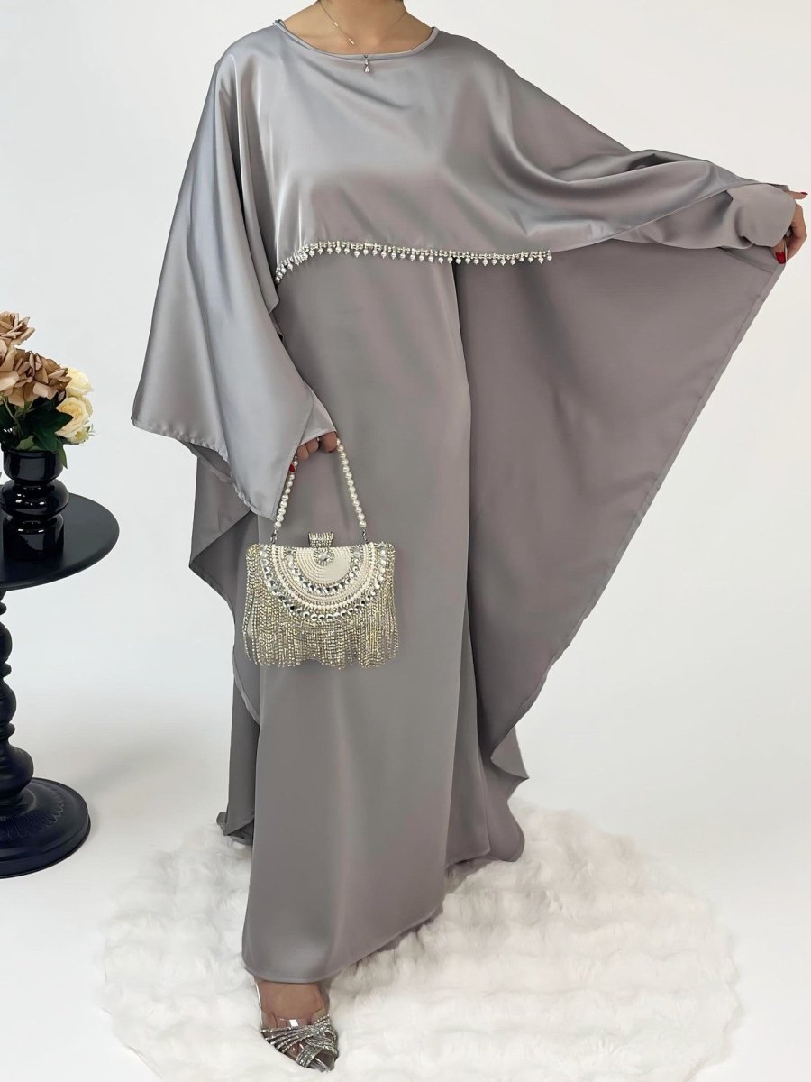 Luxury Satin Pearl Butterfly Abaya Set - Norah Collections Silver Modest Elegant Abaya for Women