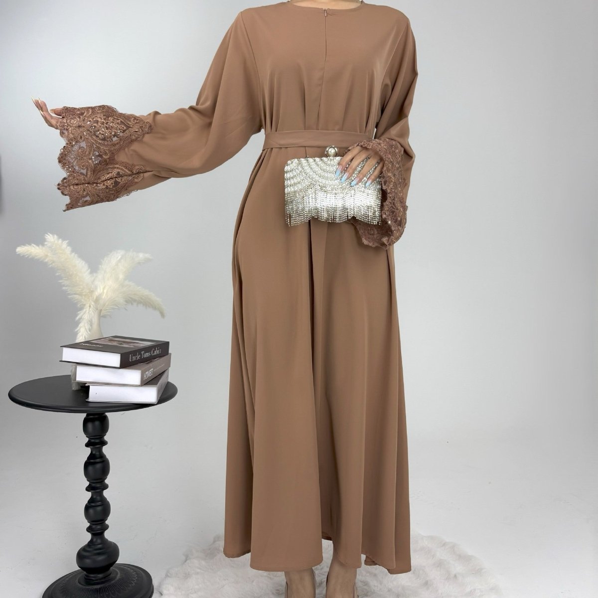 Premium Lace Abaya - Norah Collections Khaki Modest Elegant Abaya for Women