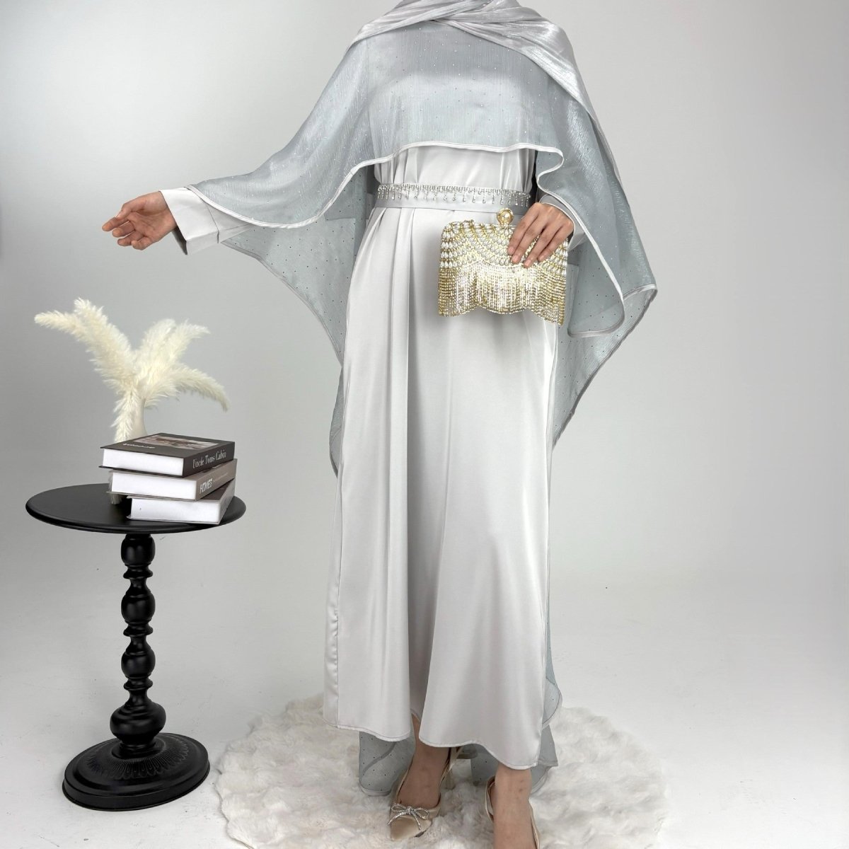 Luxury Shimmering Three Piece Abaya Set - Norah Collections Silver Modest Elegant Abaya for Women