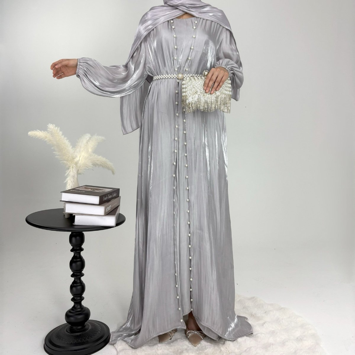 Luxury Five Piece Pearl Open Abaya Set - Norah Collections Gray Modest Elegant Abaya for Women