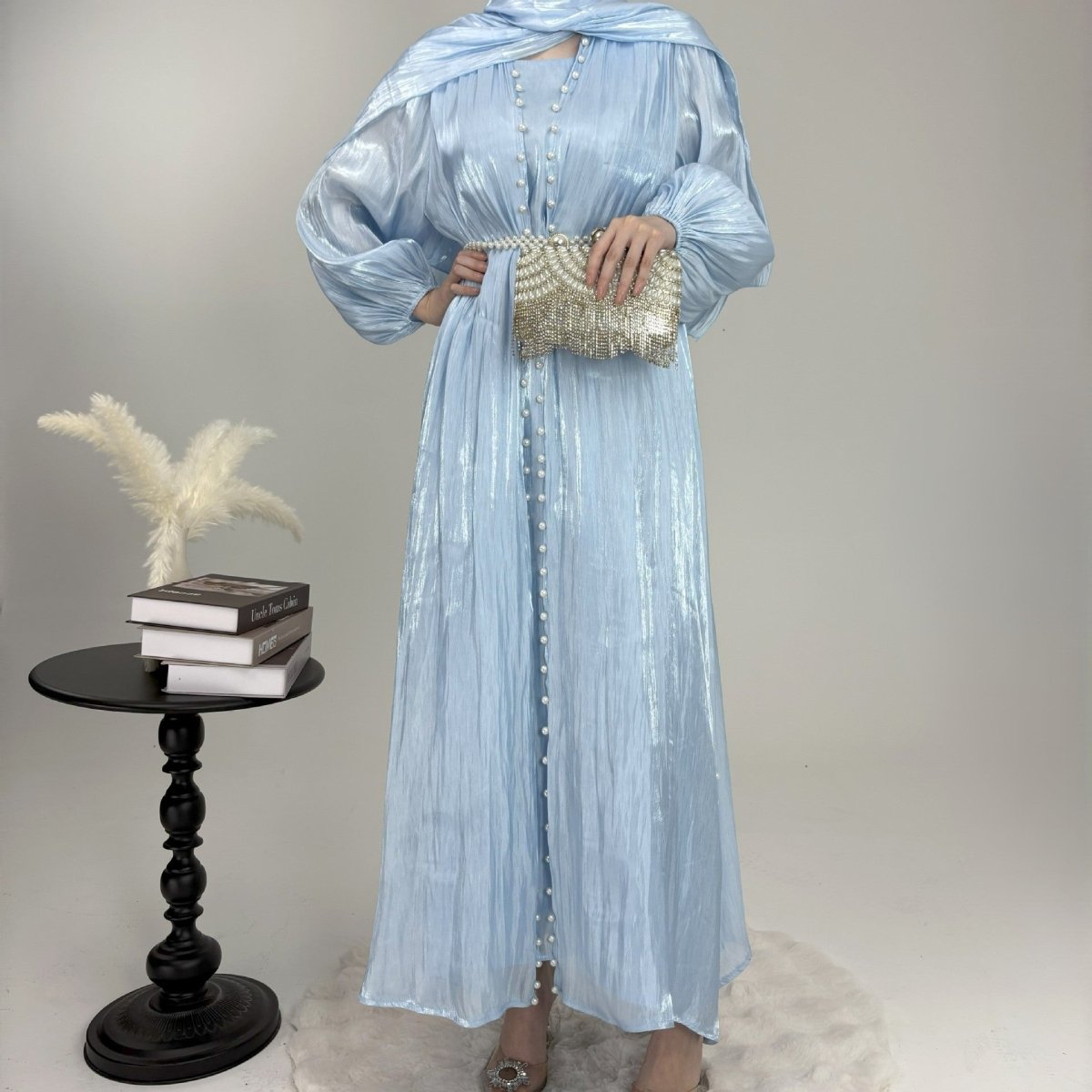 Luxury Five Piece Pearl Open Abaya Set - Norah Collections Green Modest Elegant Abaya for Women