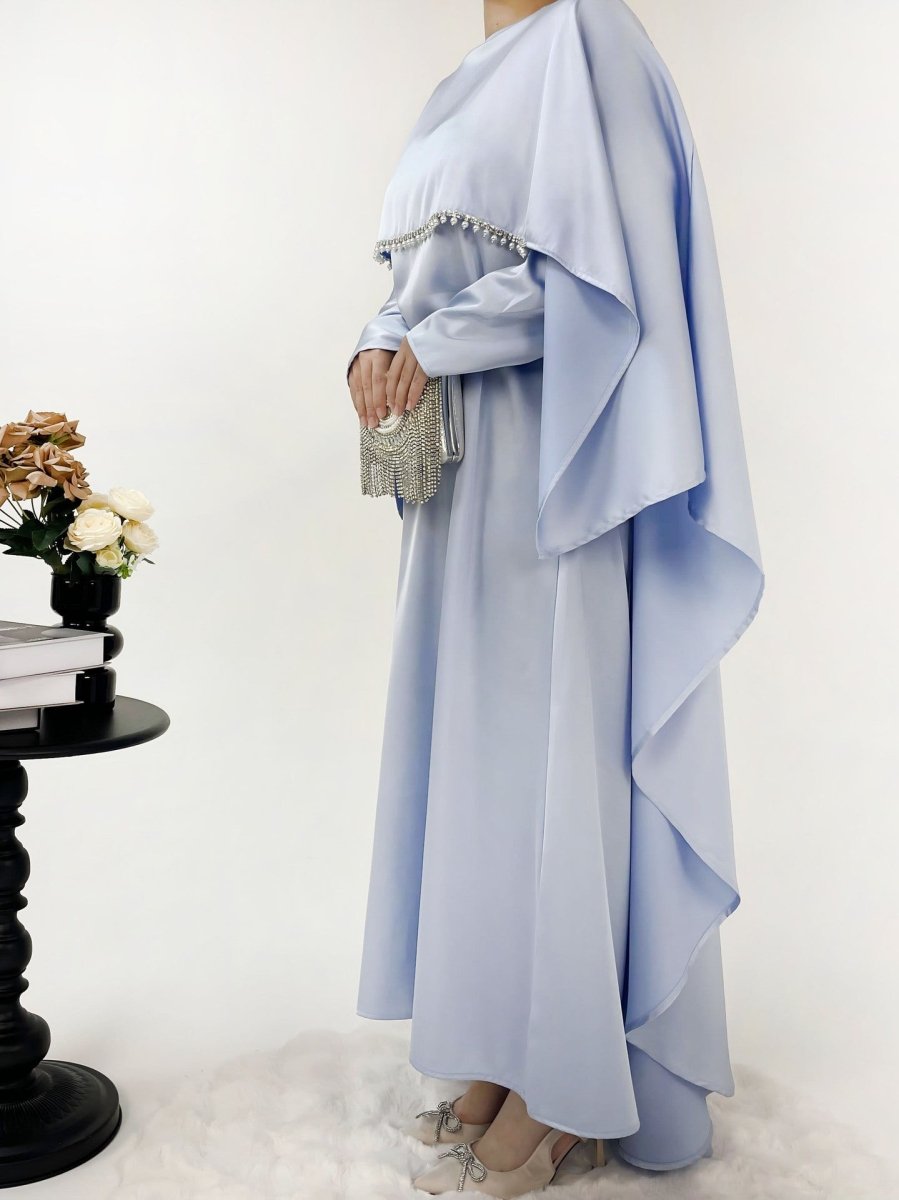 Luxury Satin Pearl Butterfly Abaya Set - Norah Collections Blue Modest Elegant Abaya for Women