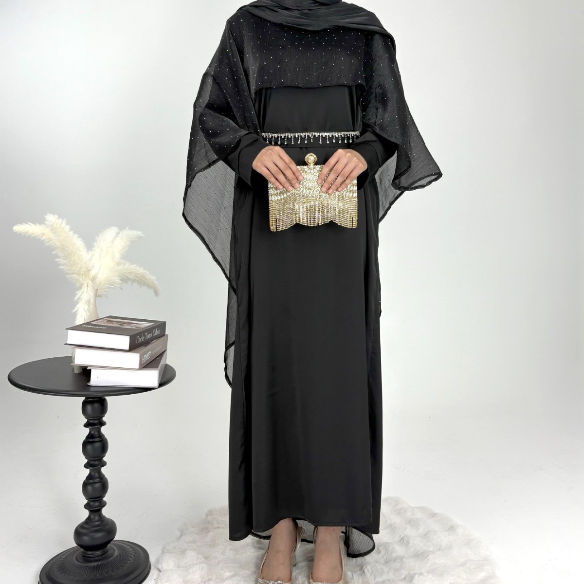 Luxury Shimmering Three Piece Abaya Set - Norah Collections Black Modest Elegant Abaya for Women