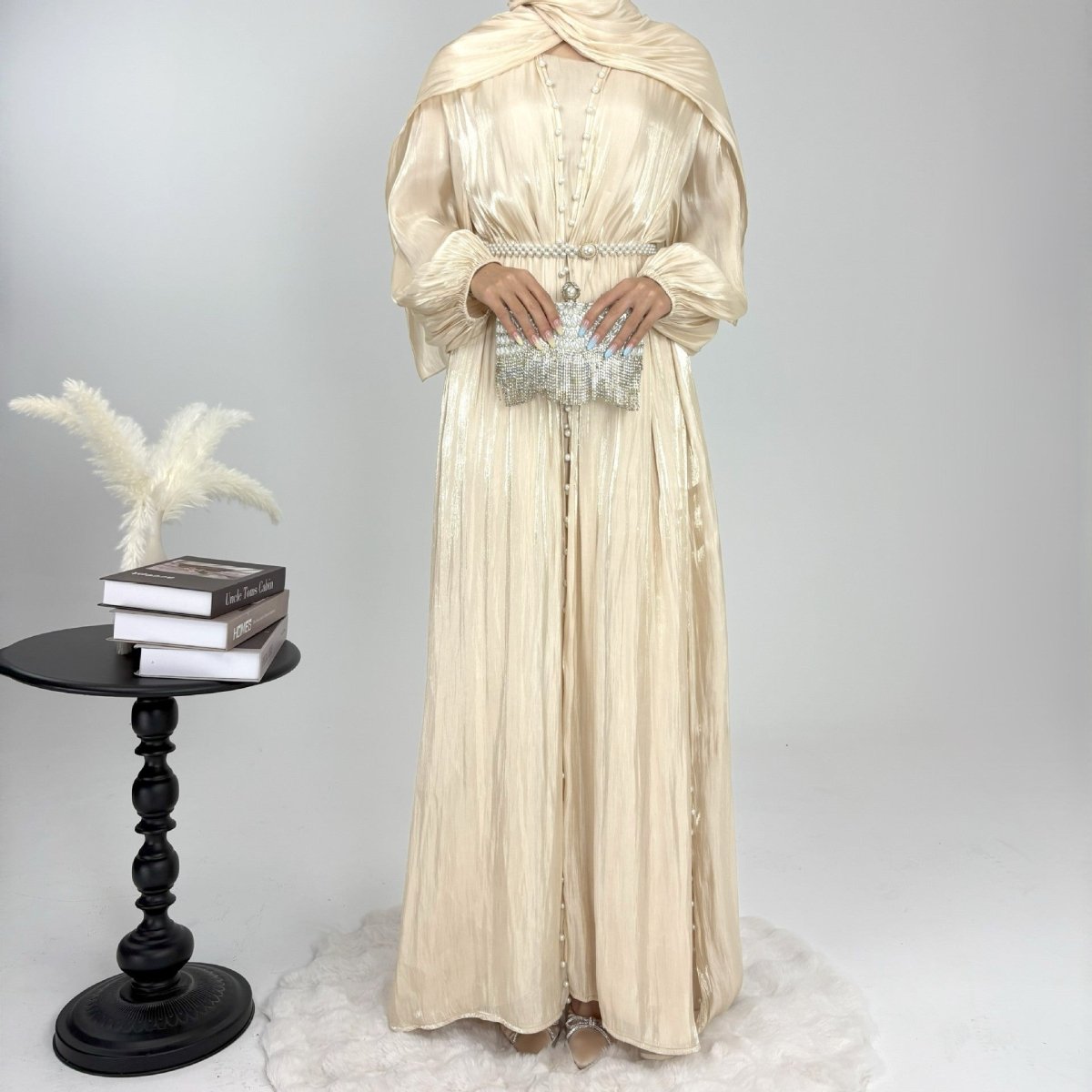 Luxury Five Piece Pearl Open Abaya Set - Norah Collections Champagne Modest Elegant Abaya for Women
