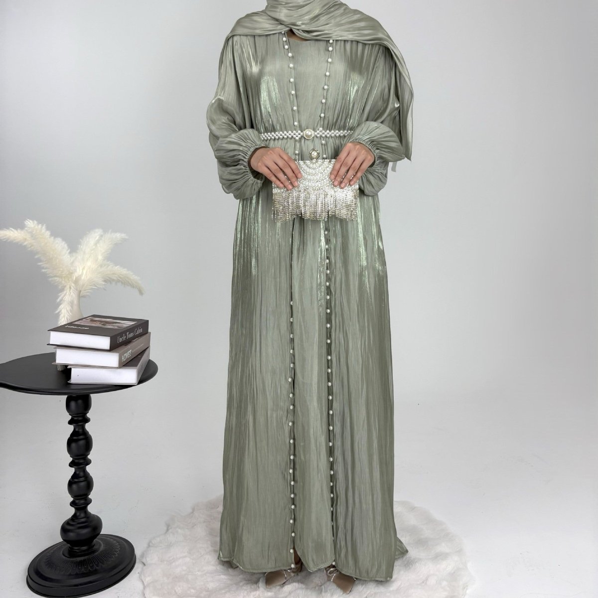 Luxury Five Piece Pearl Open Abaya Set - Norah Collections Green Modest Elegant Abaya for Women