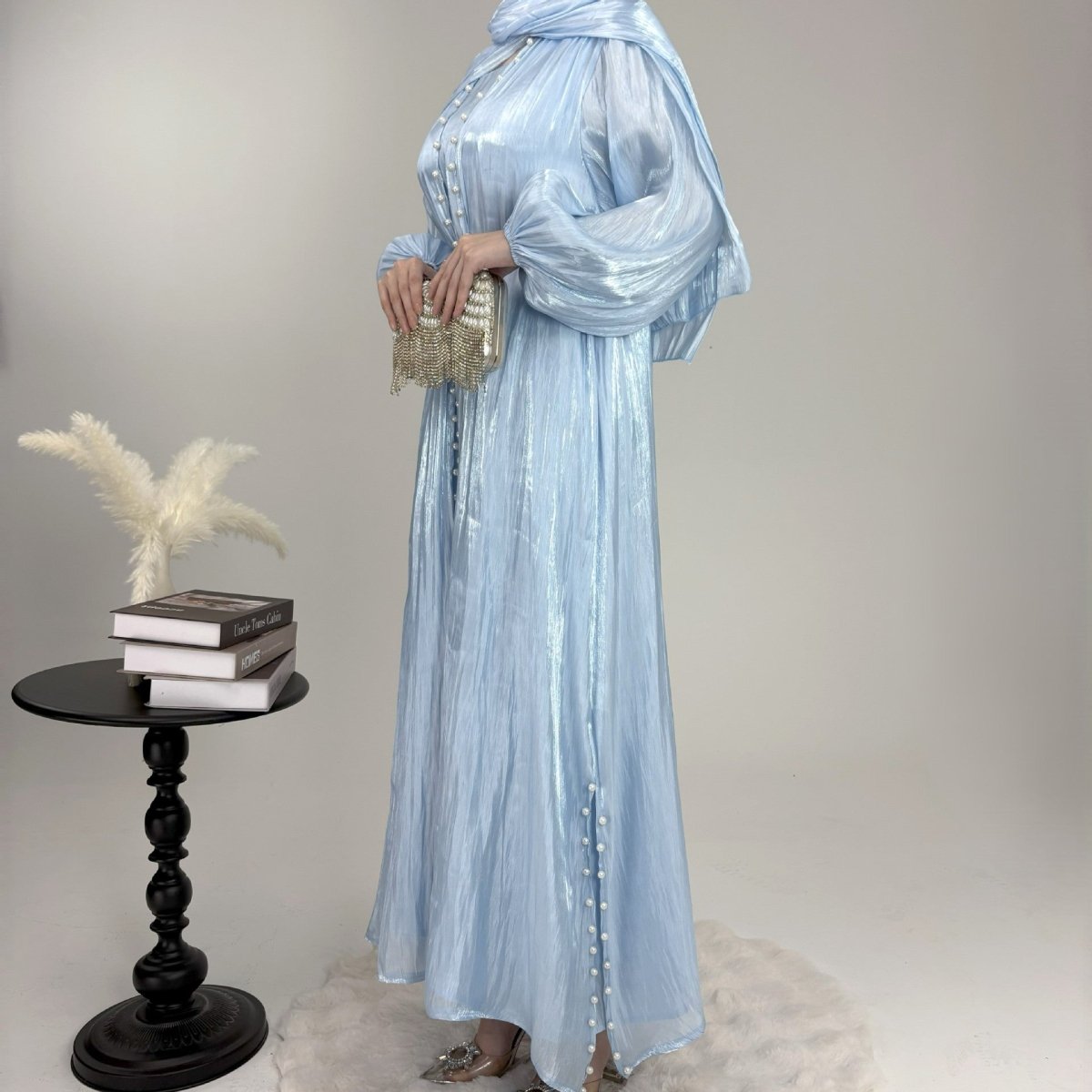 Luxury Five Piece Pearl Open Abaya Set - Norah Collections Green Modest Elegant Abaya for Women