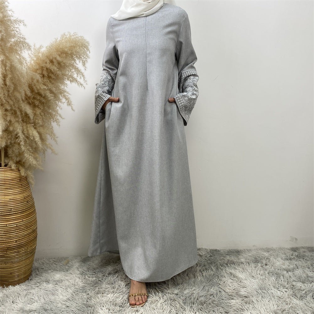 Embroidered Kimono Sleeve Abaya - Norah Collections Light Grey Modest Elegant Abaya for Women