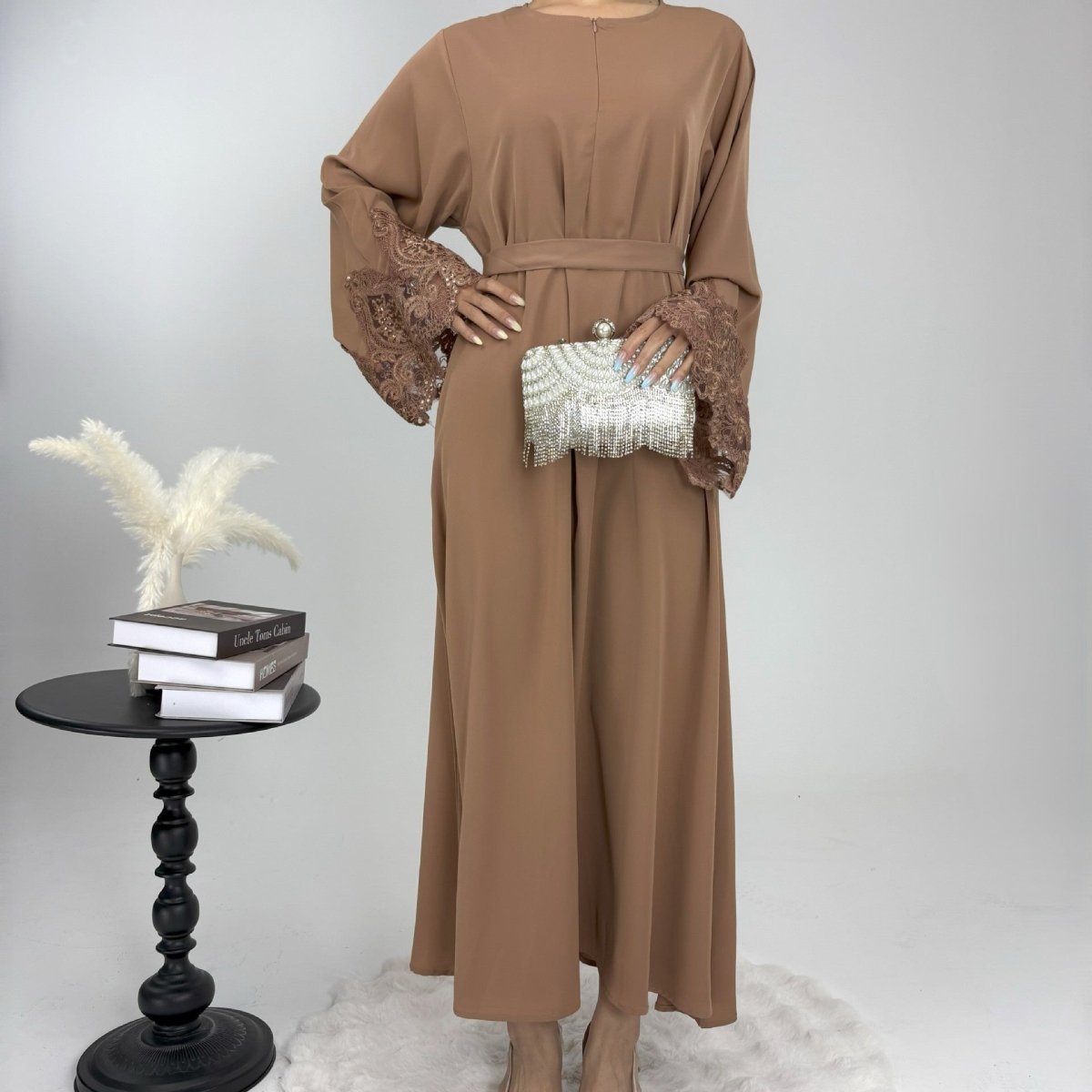 Premium Lace Abaya - Norah Collections Khaki Modest Elegant Abaya for Women