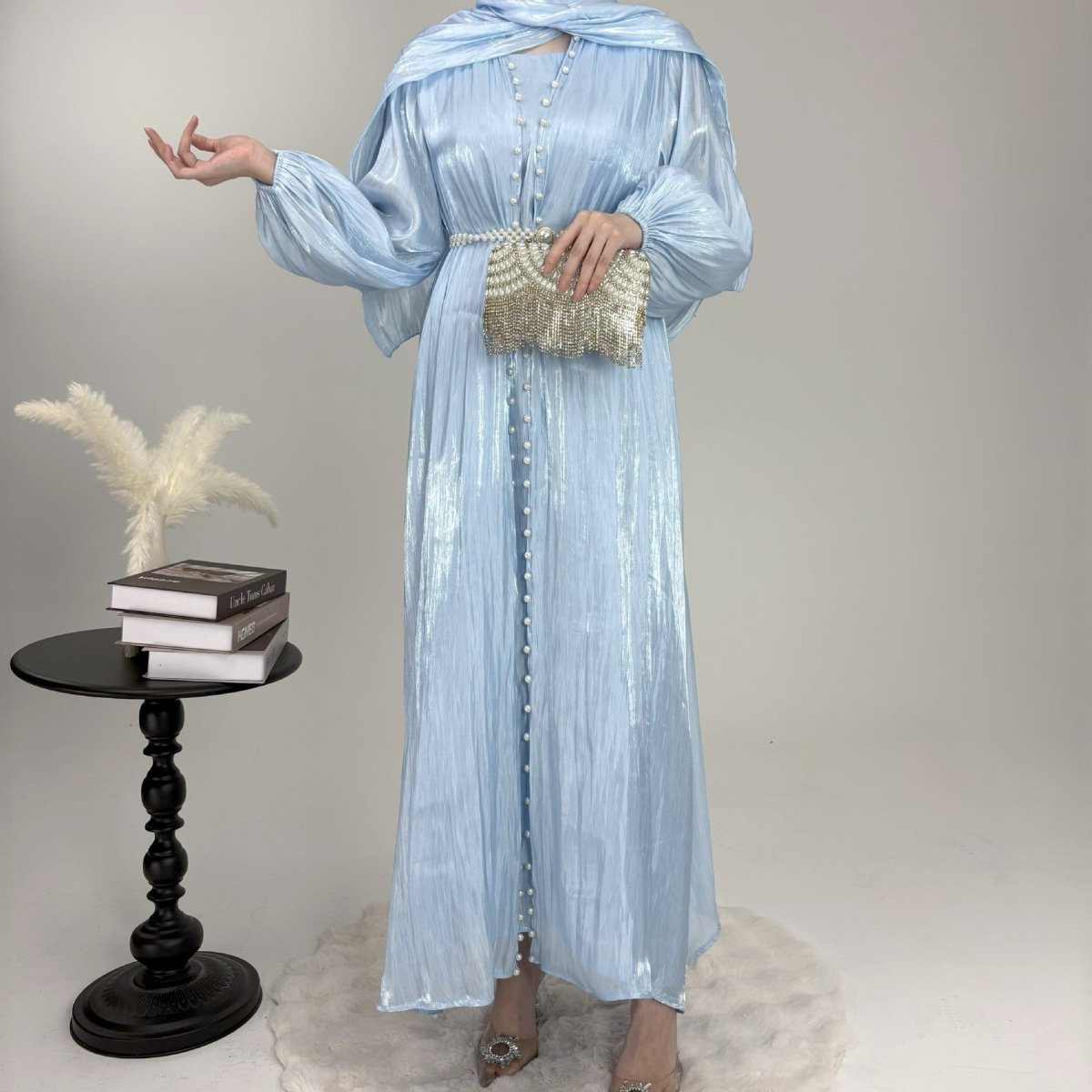 Luxury Five Piece Pearl Open Abaya Set - Norah Collections Light Blue Modest Elegant Abaya for Women