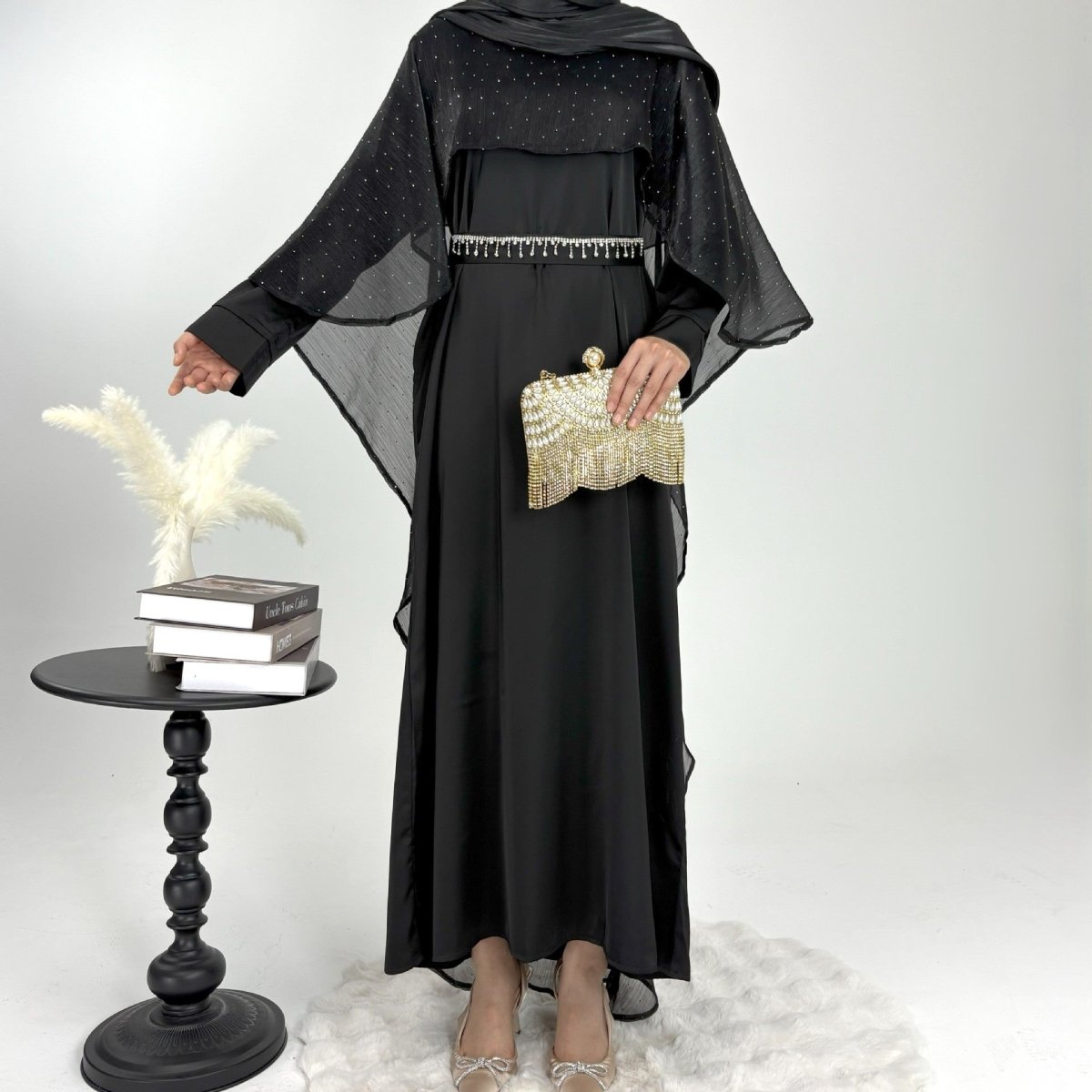 Luxury Shimmering Three Piece Abaya Set - Norah Collections Black Modest Elegant Abaya for Women
