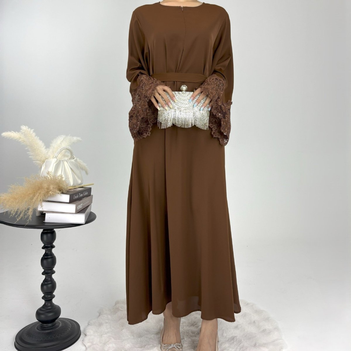 Premium Lace Abaya - Norah Collections Brown Modest Elegant Abaya for Women