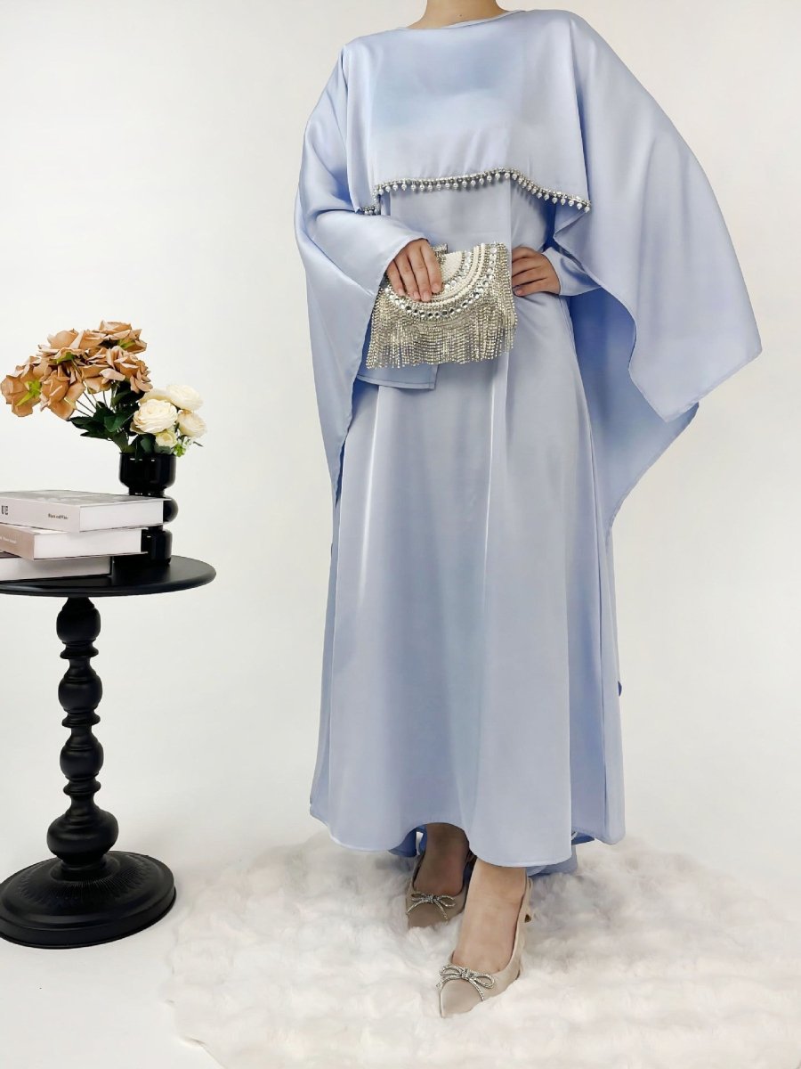 Luxury Satin Pearl Butterfly Abaya Set - Norah Collections Blue Modest Elegant Abaya for Women