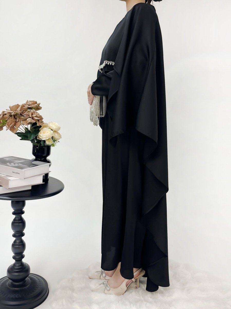 Luxury Satin Pearl Butterfly Abaya Set - Norah Collections Black Modest Elegant Abaya for Women