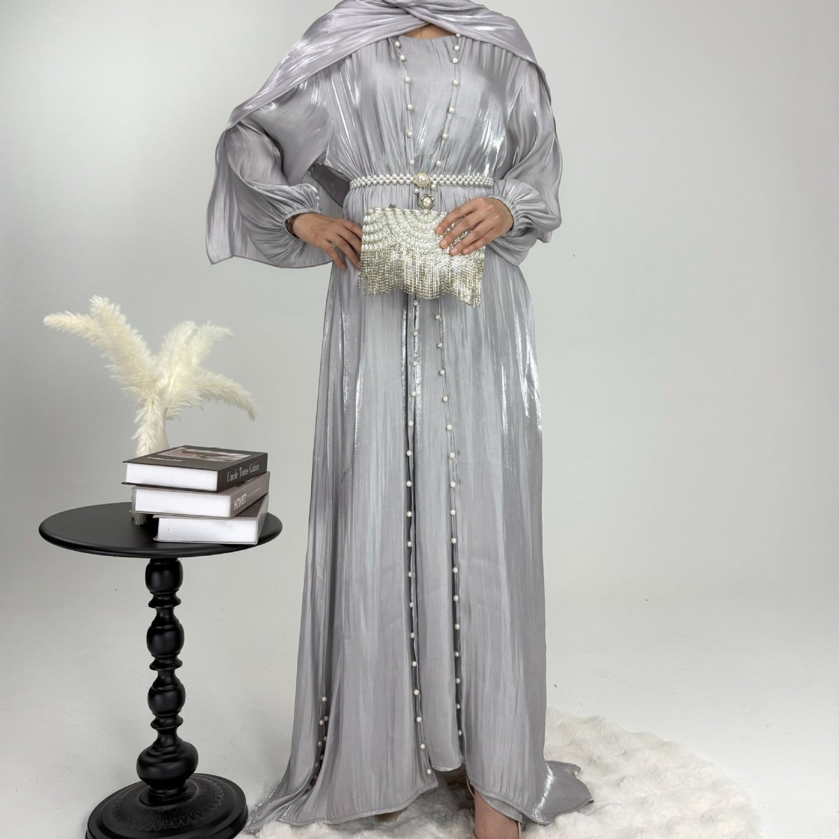 Luxury Five Piece Pearl Open Abaya Set - Norah Collections Gray Modest Elegant Abaya for Women