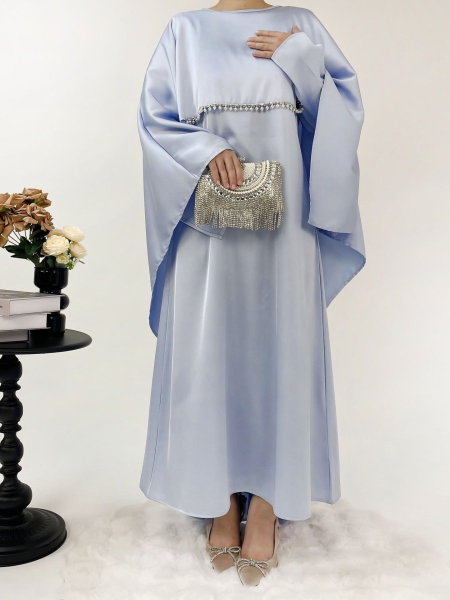 Luxury Satin Pearl Butterfly Abaya Set - Norah Collections Blue Modest Elegant Abaya for Women