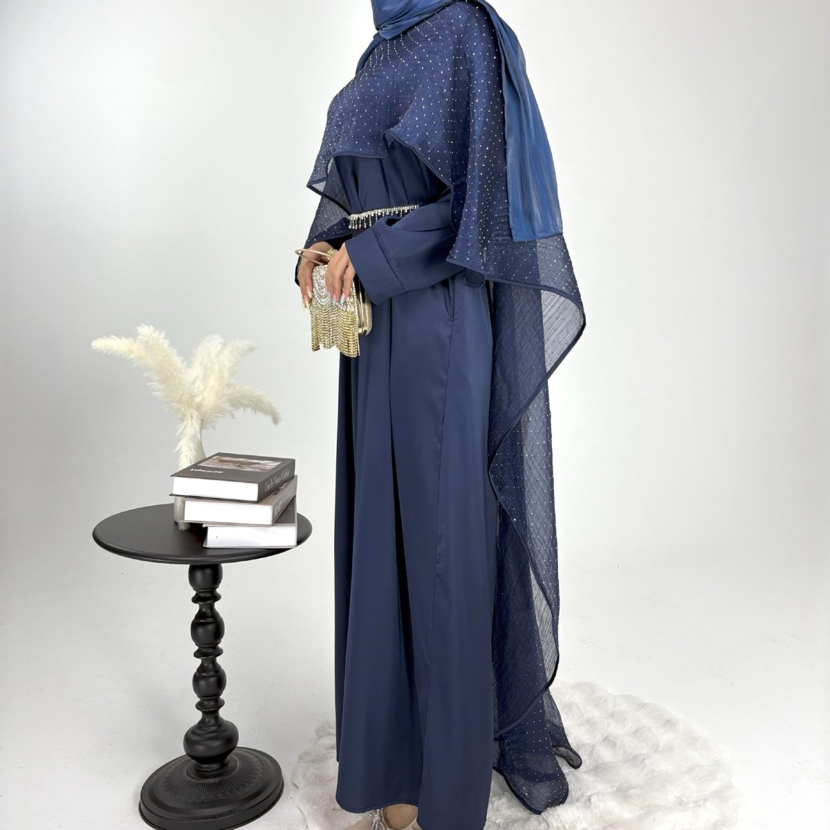 Luxury Shimmering Three Piece Abaya Set - Norah Collections Navy Modest Elegant Abaya for Women