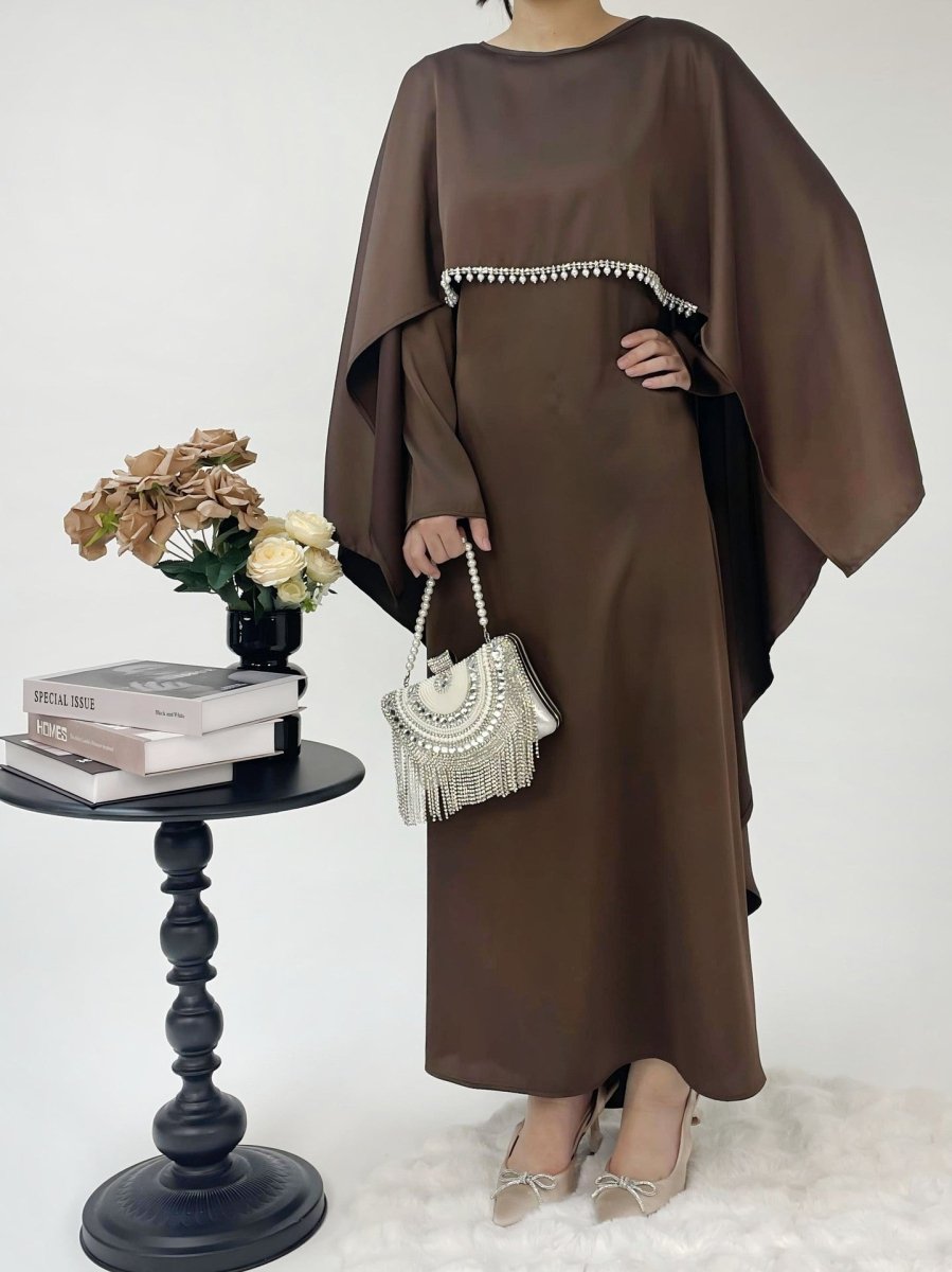 Luxury Satin Pearl Butterfly Abaya Set - Norah Collections Brown Modest Elegant Abaya for Women