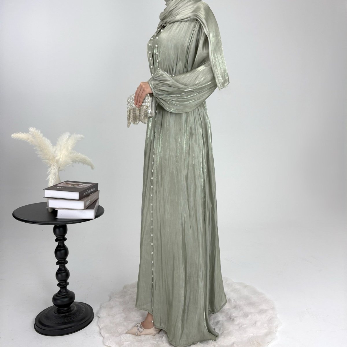 Luxury Five Piece Pearl Open Abaya Set - Norah Collections Green Modest Elegant Abaya for Women