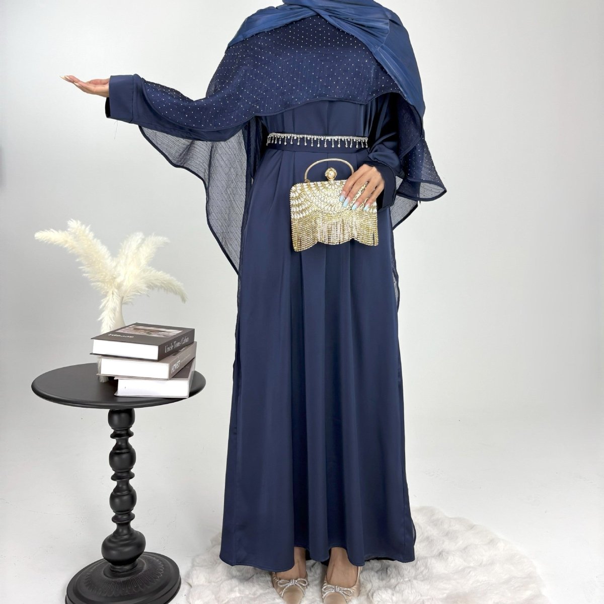 Luxury Shimmering Three Piece Abaya Set - Norah Collections Navy Modest Elegant Abaya for Women