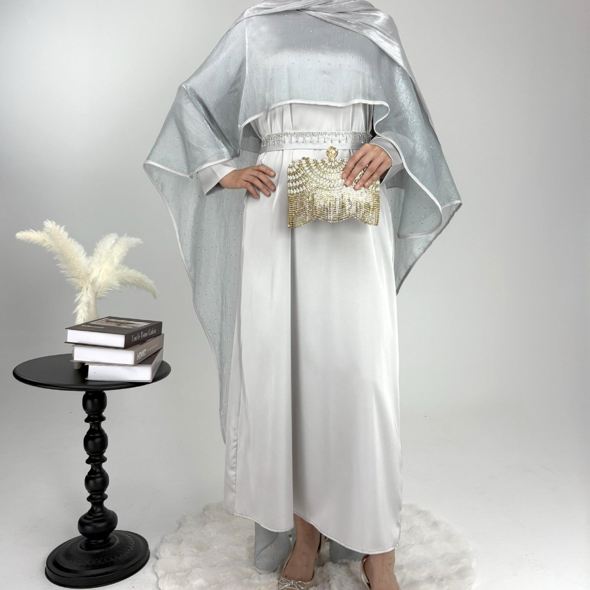Luxury Shimmering Three Piece Abaya Set - Norah Collections Silver Modest Elegant Abaya for Women