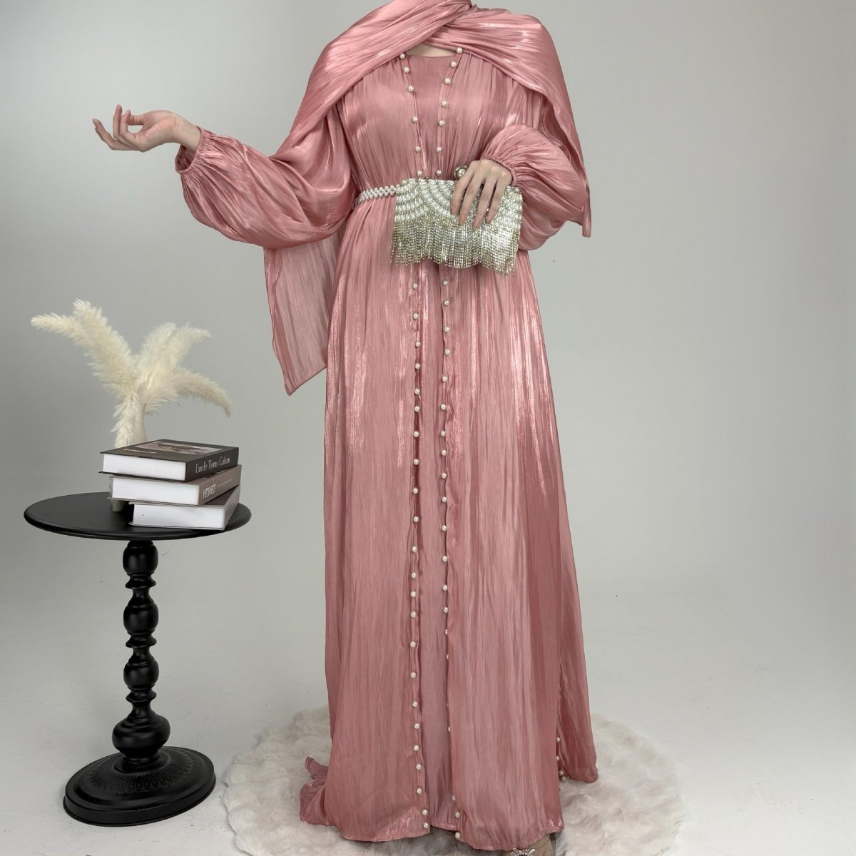 Luxury Five Piece Pearl Open Abaya Set - Norah Collections Pink Modest Elegant Abaya for Women