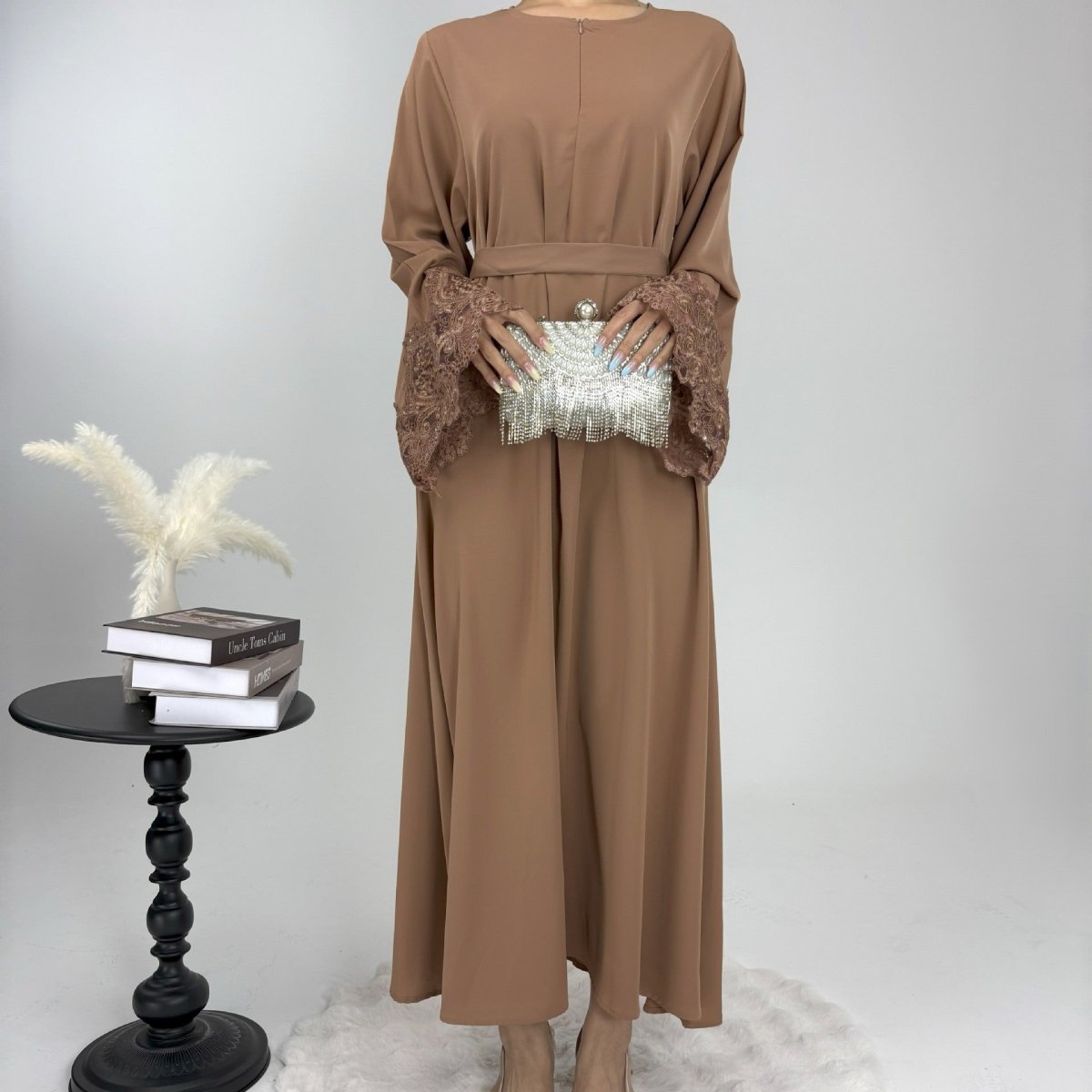 Premium Lace Abaya - Norah Collections Khaki Modest Elegant Abaya for Women