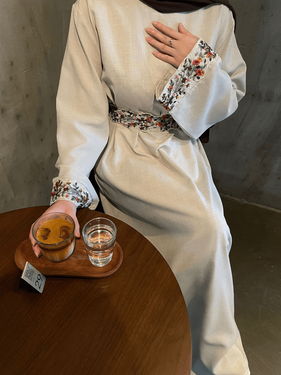 Embroidered Linen Abaya in - Breathable Modest Abaya with Elegant Embroidery Details