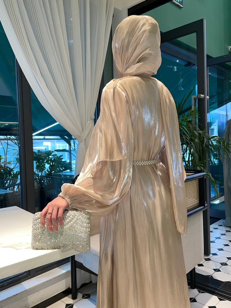 Luxury Five Piece Silk Pearl Open Abaya Set in Champagne - Elegant Modest Occasion Abaya with Hijab and Belt