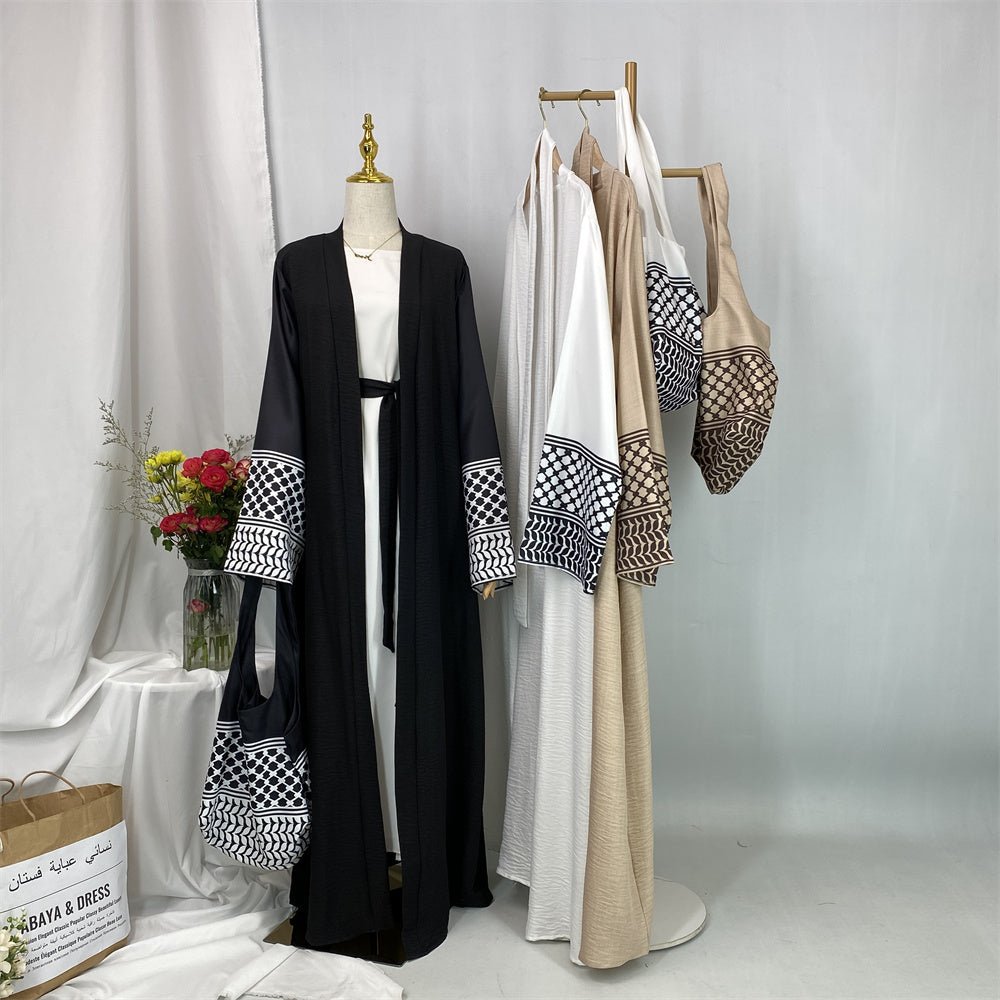
                  
                    Linen Two Piece Keffiyeh Open Abaya Set in White - Modest Linen Abaya with Keffiyeh Print and Inner Dress
                  
                