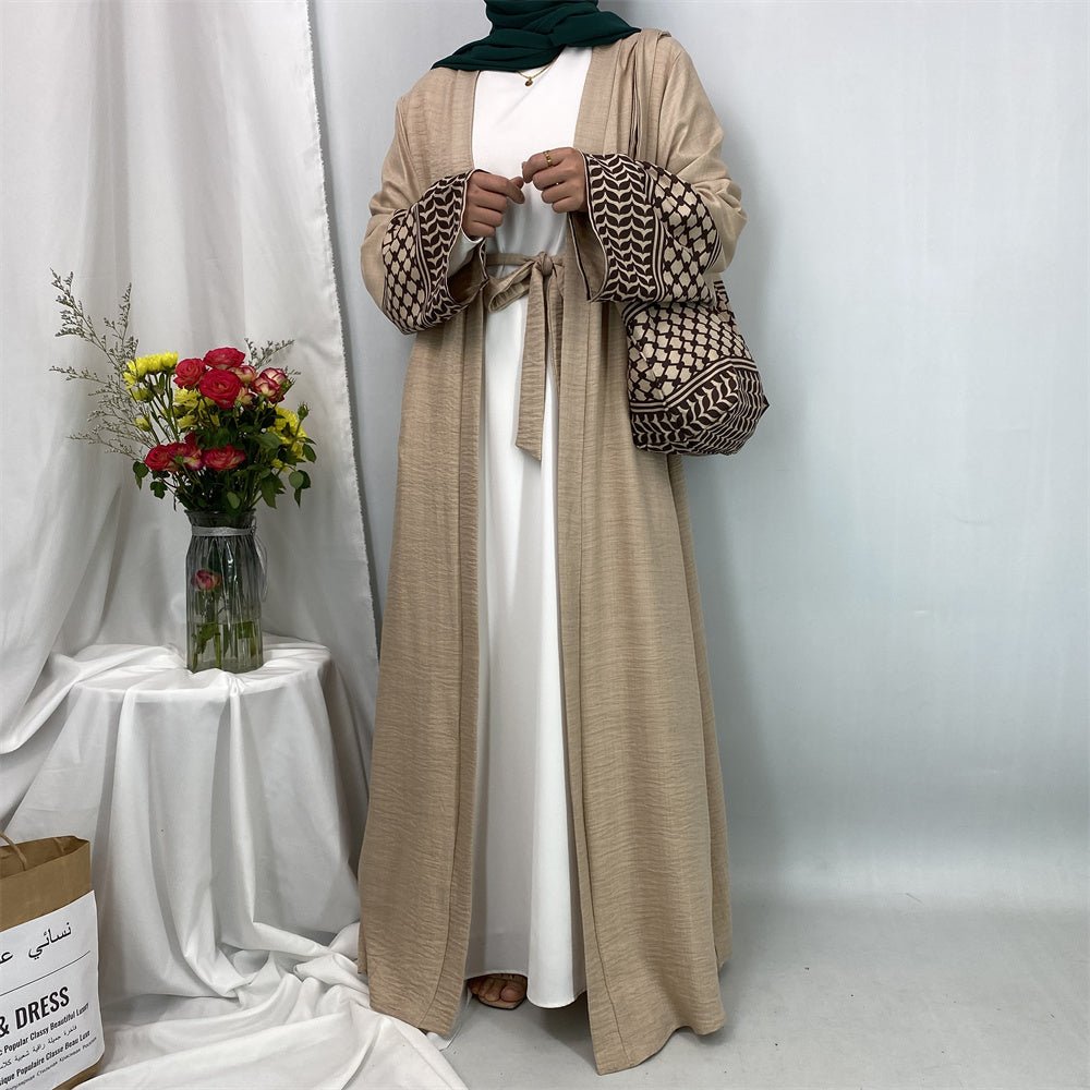 
                  
                    Linen Two Piece Keffiyeh Open Abaya Set in Beige - Modest Linen Abaya with Keffiyeh Print and Inner Dress
                  
                