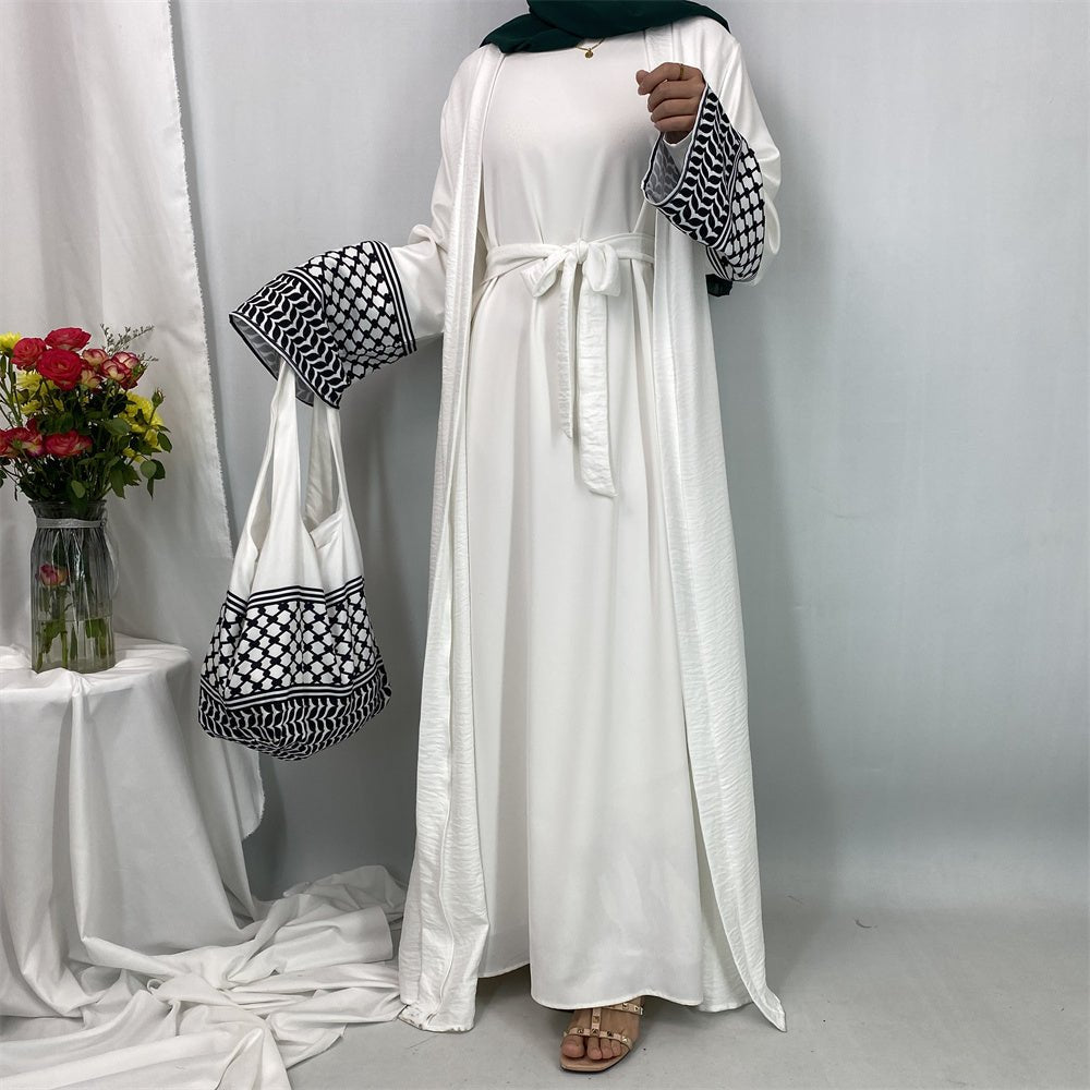 
                  
                    Linen Two Piece Keffiyeh Open Abaya Set in Beige - Modest Linen Abaya with Keffiyeh Print and Inner Dress
                  
                