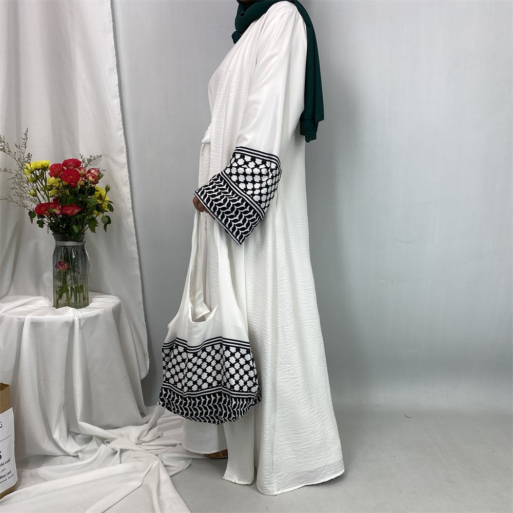 
                  
                    Linen Two Piece Keffiyeh Open Abaya Set in Beige - Modest Linen Abaya with Keffiyeh Print and Inner Dress
                  
                