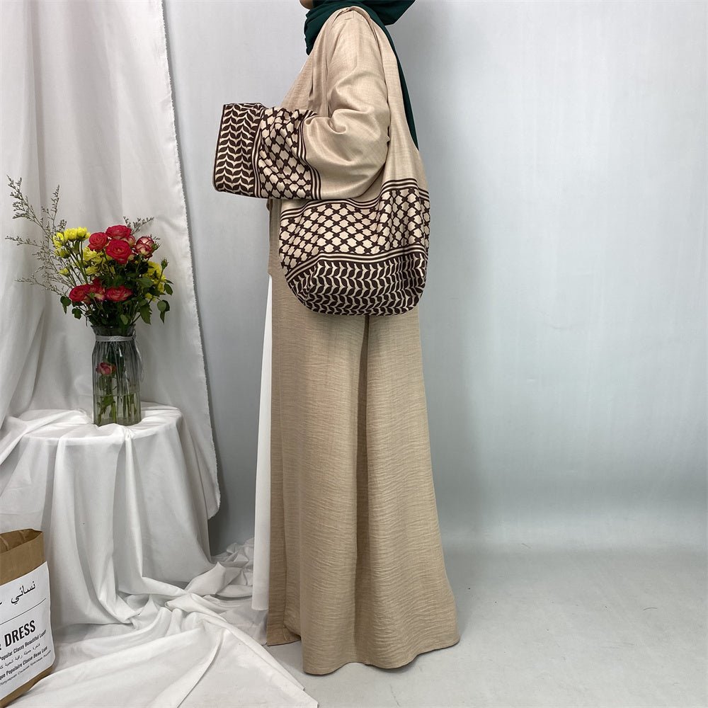 
                  
                    Linen Two Piece Keffiyeh Open Abaya Set in Beige - Modest Linen Abaya with Keffiyeh Print and Inner Dress
                  
                