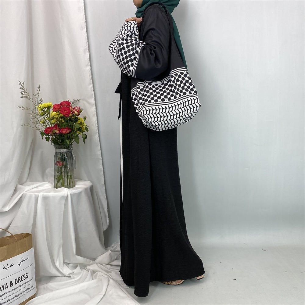 
                  
                    Linen Two Piece Keffiyeh Open Abaya Set in Black - Modest Linen Abaya with Keffiyeh Print and Inner Dress
                  
                