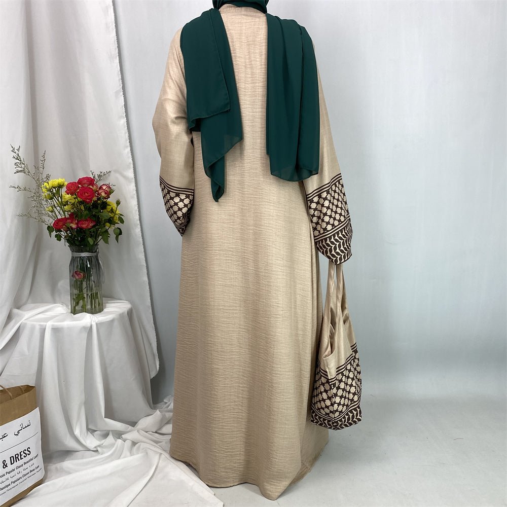 
                  
                    Linen Two Piece Keffiyeh Open Abaya Set in Beige - Modest Linen Abaya with Keffiyeh Print and Inner Dress
                  
                