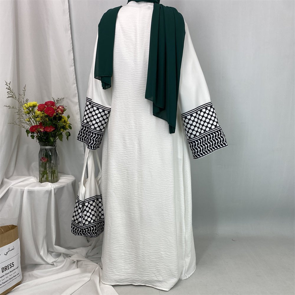 
                  
                    Linen Two Piece Keffiyeh Open Abaya Set in Beige - Modest Linen Abaya with Keffiyeh Print and Inner Dress
                  
                