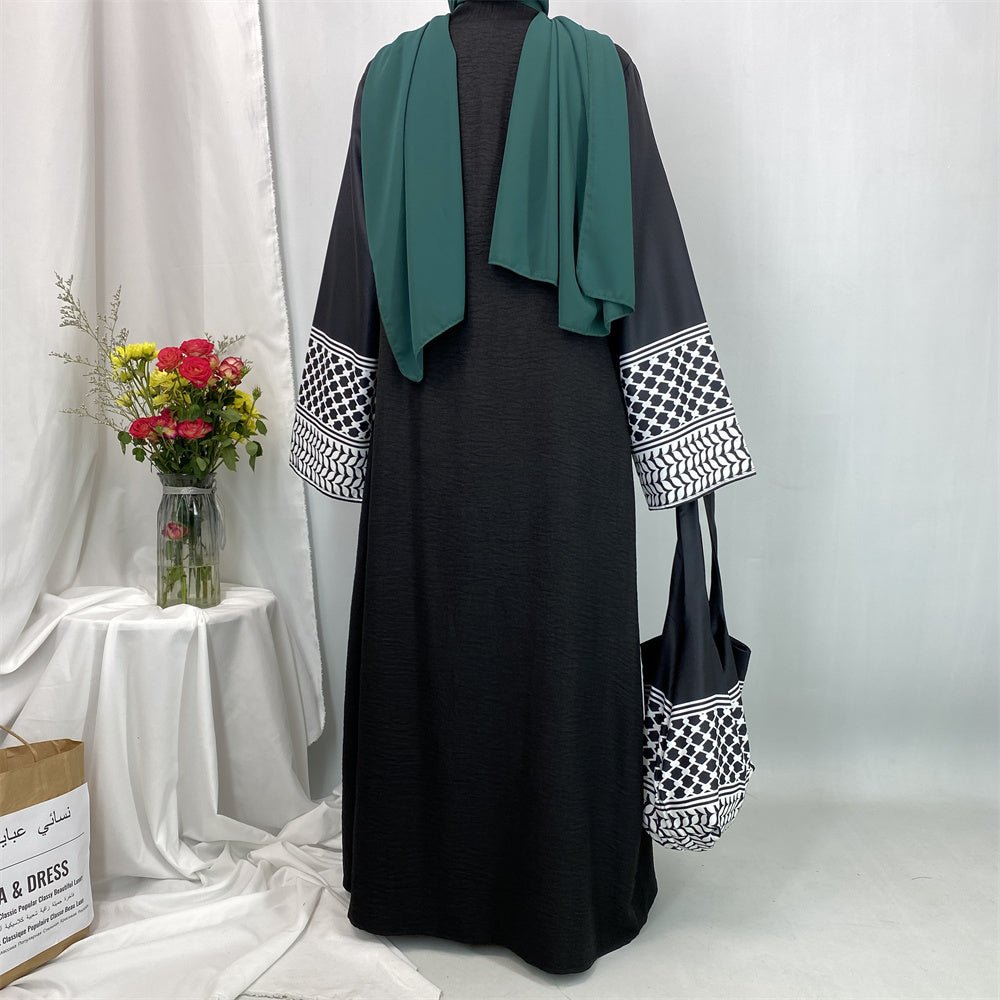 
                  
                    Linen Two Piece Keffiyeh Open Abaya Set in Black - Modest Linen Abaya with Keffiyeh Print and Inner Dress
                  
                