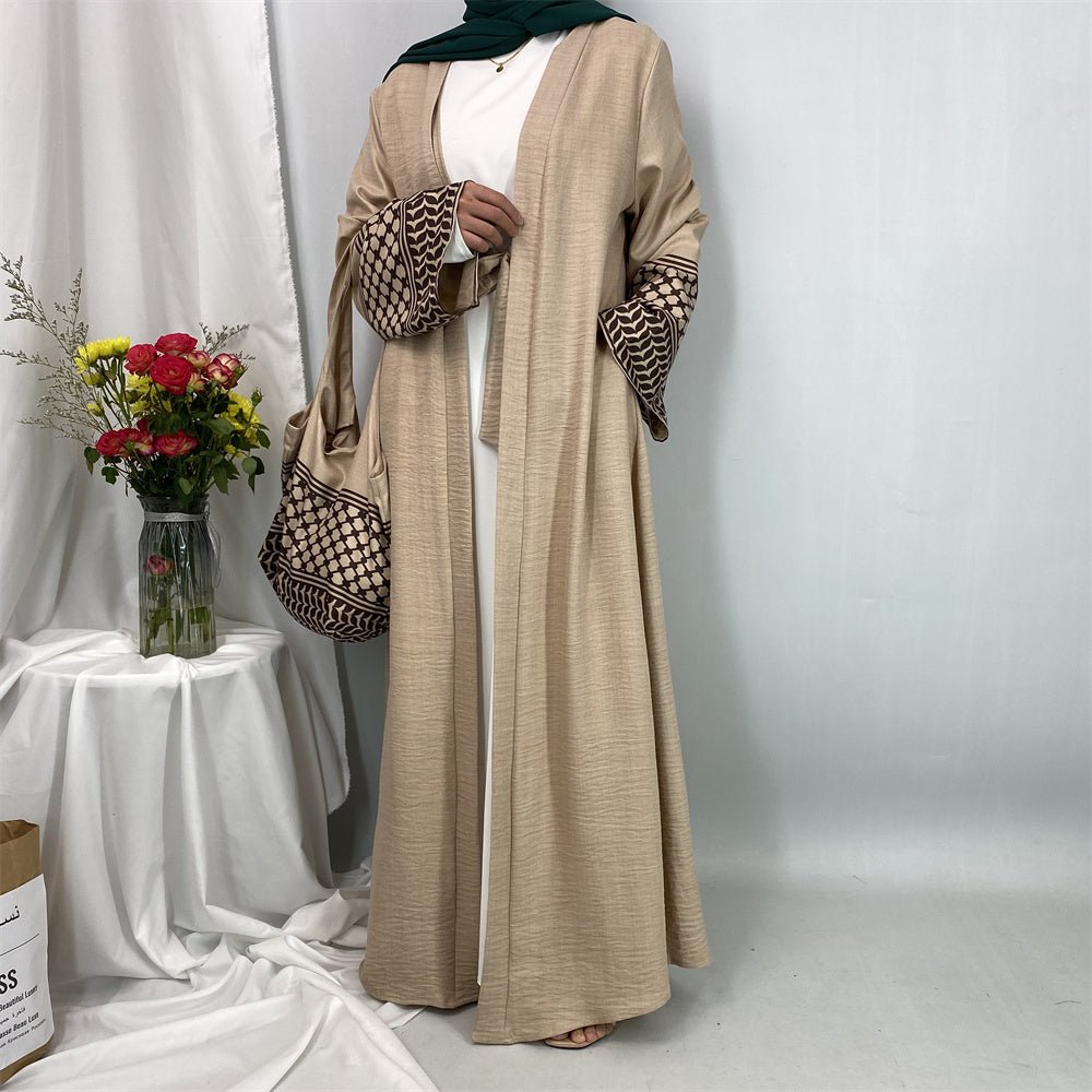 
                  
                    Linen Two Piece Keffiyeh Open Abaya Set in Beige - Modest Linen Abaya with Keffiyeh Print and Inner Dress
                  
                