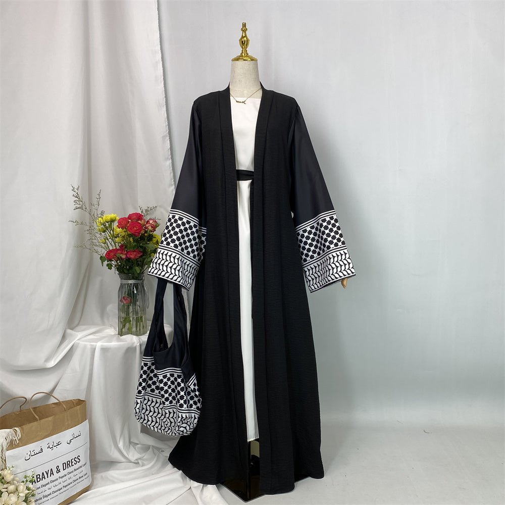 
                  
                    Linen Two Piece Keffiyeh Open Abaya Set in Black - Modest Linen Abaya with Keffiyeh Print and Inner Dress
                  
                