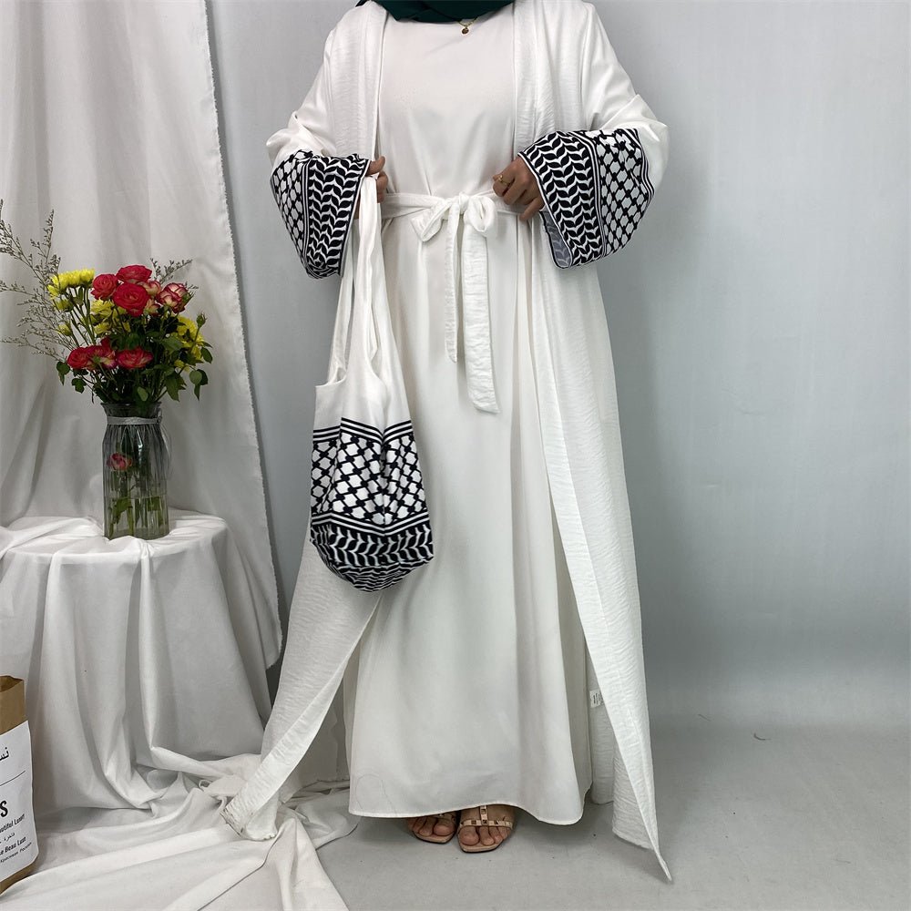 
                  
                    Linen Two Piece Keffiyeh Open Abaya Set in White - Modest Linen Abaya with Keffiyeh Print and Inner Dress
                  
                