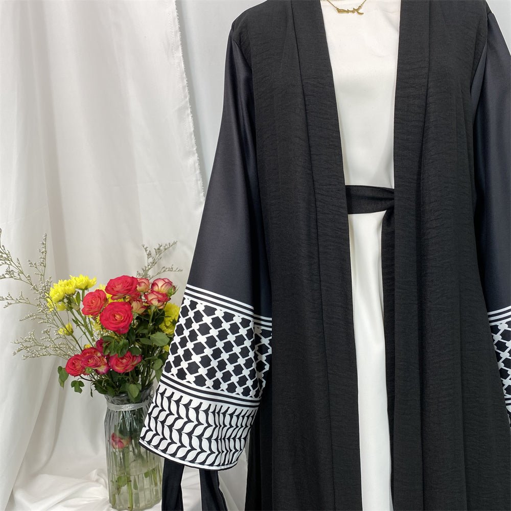 
                  
                    Linen Two Piece Keffiyeh Open Abaya Set in Black - Modest Linen Abaya with Keffiyeh Print and Inner Dress
                  
                