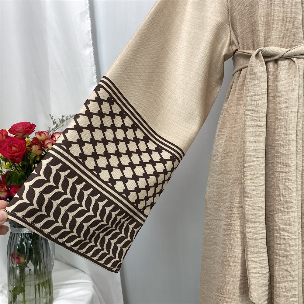 
                  
                    Linen Two Piece Keffiyeh Open Abaya Set in Beige - Modest Linen Abaya with Keffiyeh Print and Inner Dress
                  
                