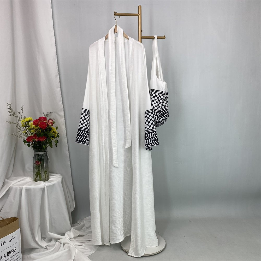 
                  
                    Linen Two Piece Keffiyeh Open Abaya Set in White - Modest Linen Abaya with Keffiyeh Print and Inner Dress
                  
                