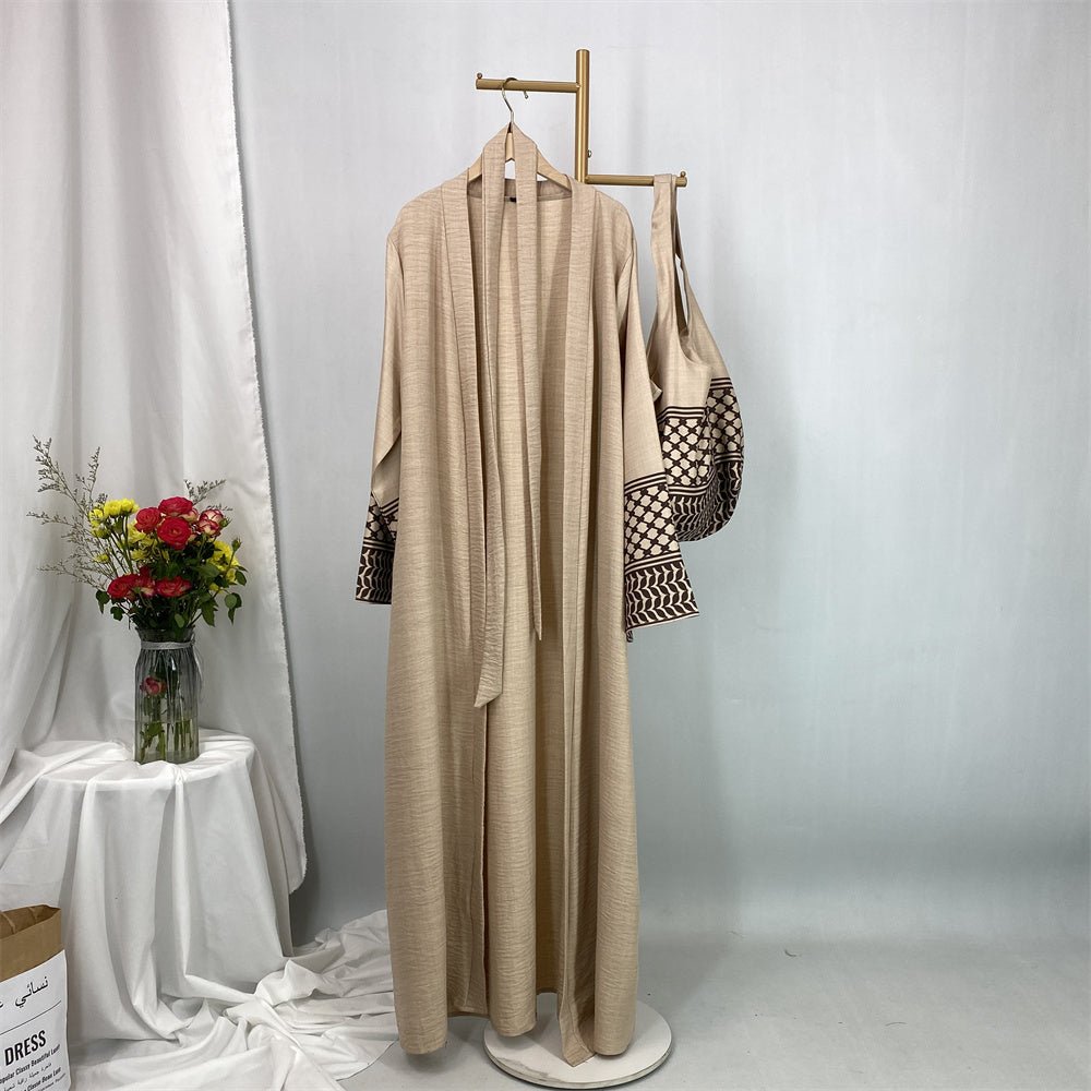 
                  
                    Linen Two Piece Keffiyeh Open Abaya Set in Beige - Modest Linen Abaya with Keffiyeh Print and Inner Dress
                  
                