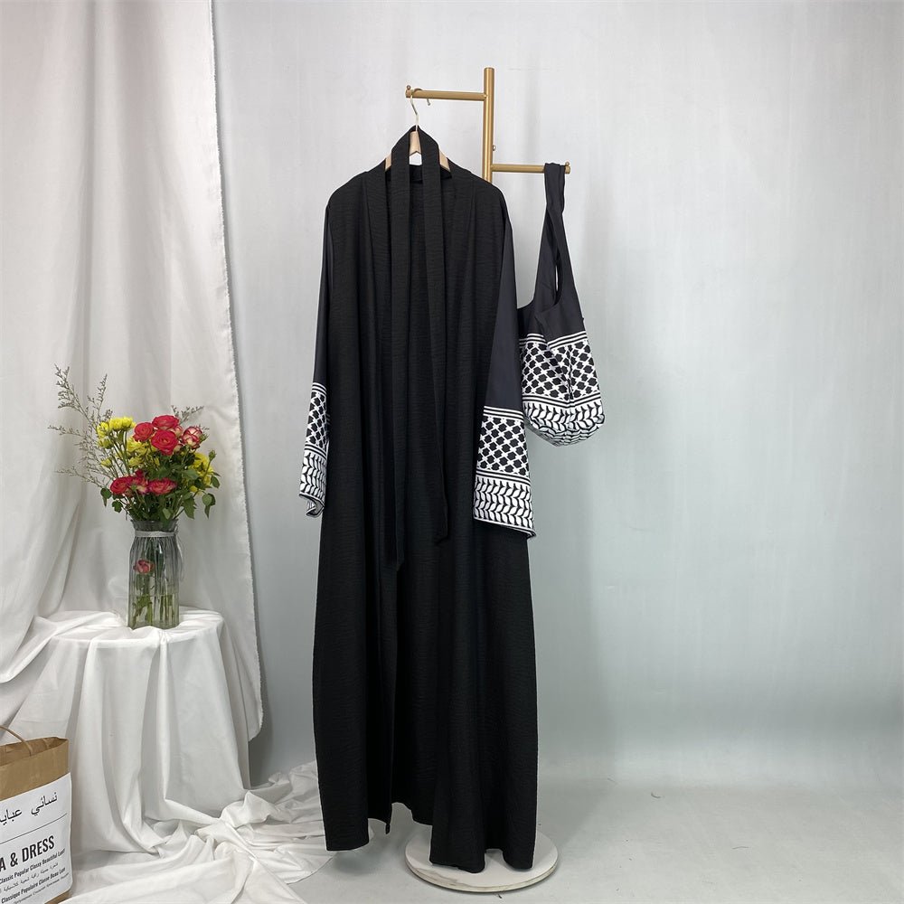 
                  
                    Linen Two Piece Keffiyeh Open Abaya Set in Black - Modest Linen Abaya with Keffiyeh Print and Inner Dress
                  
                