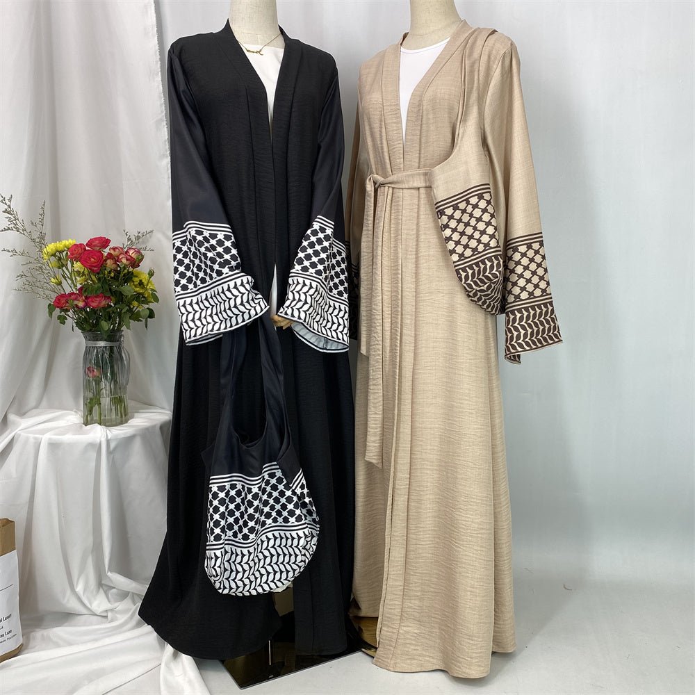 
                  
                    Linen Two Piece Keffiyeh Open Abaya Set in White - Modest Linen Abaya with Keffiyeh Print and Inner Dress
                  
                